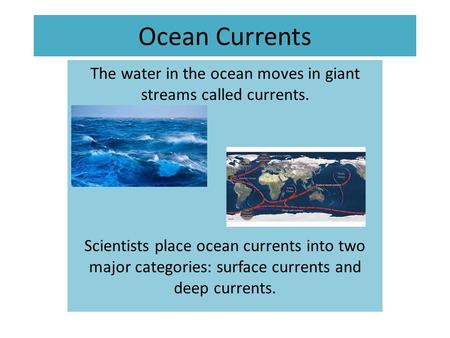 The water in the ocean moves in giant streams called currents.