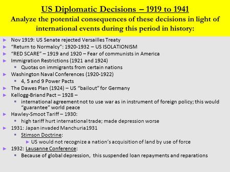 US Diplomatic Decisions – 1919 to 1941 Analyze the potential consequences of these decisions in light of international events during this period in history:
