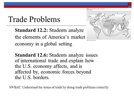 Trade Problems Standard 12.2: Students analyze the elements of America’s market economy in a global setting Standard 12.6: Students analyze issues of international.