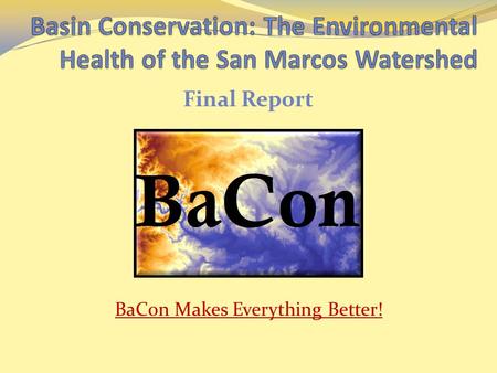 BaCon Makes Everything Better! Final Report. Ekaterina Troudonochina Julian Montejano Mark Hiler Veronica Gentile Team Manager Webmaster, GIS Analyst.