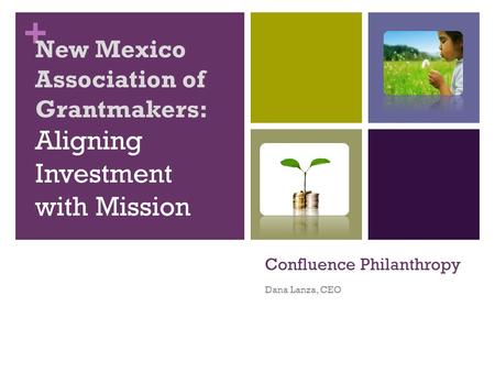+ Confluence Philanthropy Dana Lanza, CEO New Mexico Association of Grantmakers: Aligning Investment with Mission.