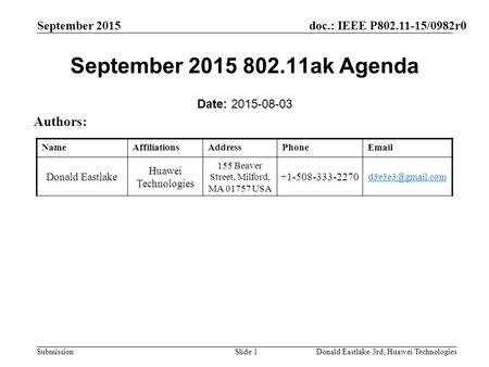 Doc.: IEEE P802.11-15/0982r0 Submission September 2015 Donald Eastlake 3rd, Huawei TechnologiesSlide 1 September 2015 802.11ak Agenda Date: 2015-08-03.