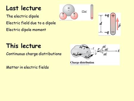 Last lecture The electric dipole Electric field due to a dipole Electric dipole moment This lecture Continuous charge distributions Matter in electric.