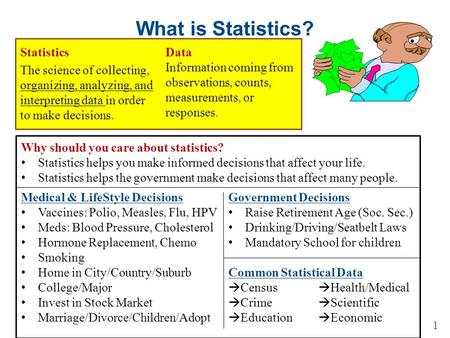 What is Statistics? Statistics The science of collecting, organizing, analyzing, and interpreting data in order to make decisions. 1 Data Information coming.