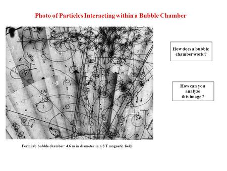 Photo of Particles Interacting within a Bubble Chamber Fermilab bubble chamber: 4.6 m in diameter in a 3 T magnetic field How does a bubble chamber work.