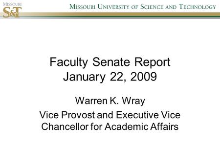 Faculty Senate Report January 22, 2009 Warren K. Wray Vice Provost and Executive Vice Chancellor for Academic Affairs.
