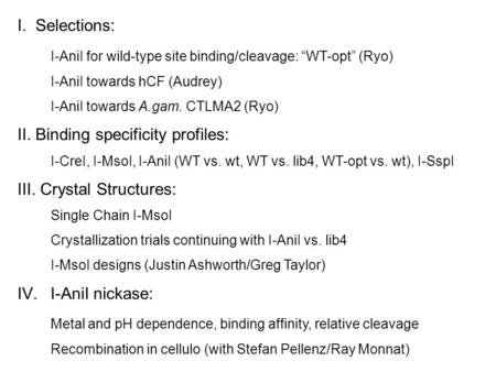 I. Selections: I-AniI for wild-type site binding/cleavage: “WT-opt” (Ryo) I-AniI towards hCF (Audrey) I-AniI towards A.gam. CTLMA2 (Ryo) II. Binding specificity.