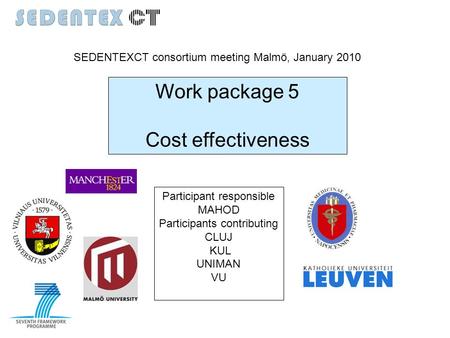Work package 5 Cost effectiveness Participant responsible MAHOD Participants contributing CLUJ KUL UNIMAN VU SEDENTEXCT consortium meeting Malmö, January.
