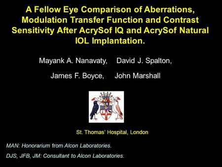 A Fellow Eye Comparison of Aberrations, Modulation Transfer Function and Contrast Sensitivity After AcrySof IQ and AcrySof Natural IOL Implantation. Mayank.