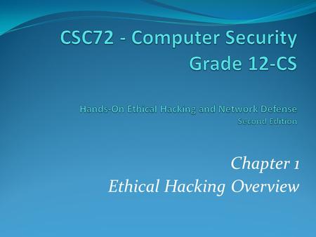 Chapter 1 Ethical Hacking Overview. Objectives After reading this chapter and completing the exercises, you will be able to: Describe the role of an ethical.