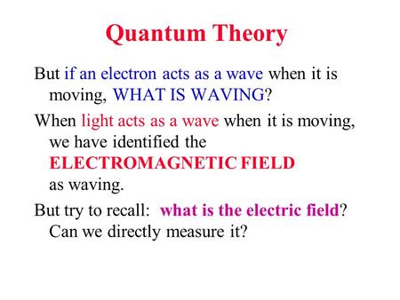 Quantum Theory But if an electron acts as a wave when it is moving, WHAT IS WAVING? When light acts as a wave when it is moving, we have identified the.