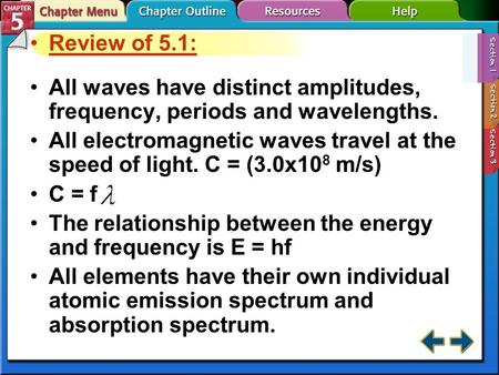 Review of 5.1: All waves have distinct amplitudes, frequency, periods and wavelengths. All electromagnetic waves travel at the speed of light. C = (3.0x10.
