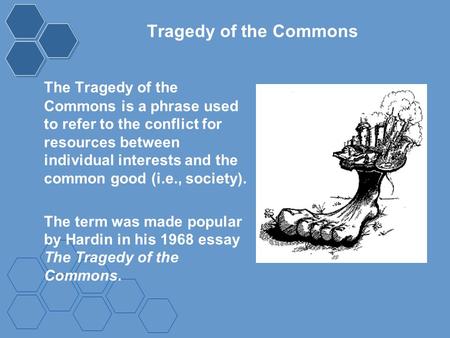 Tragedy of the Commons The Tragedy of the Commons is a phrase used to refer to the conflict for resources between individual interests and the common good.