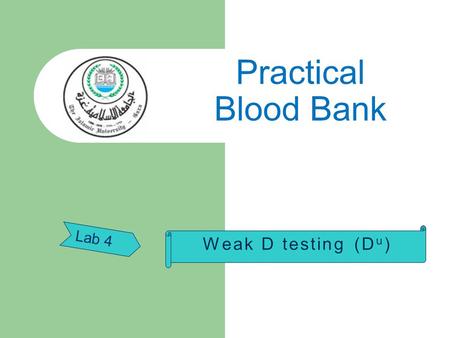 Lab 4 Practical Blood Bank. Weak expression of the R h D antigen (D u ) The term D U is widely used to describe cells which have :  a quantitative reduction.