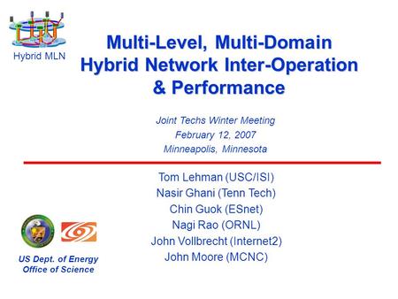 Multi-Level, Multi-Domain Hybrid Network Inter-Operation & Performance Tom Lehman (USC/ISI) Nasir Ghani (Tenn Tech) Chin Guok (ESnet) Nagi Rao (ORNL) John.