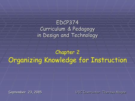 September 23, 2015UBC Instructor: Theresa Magee EDCP374 Curriculum & Pedagogy in Design and Technology Chapter 2 Organizing Knowledge for Instruction.
