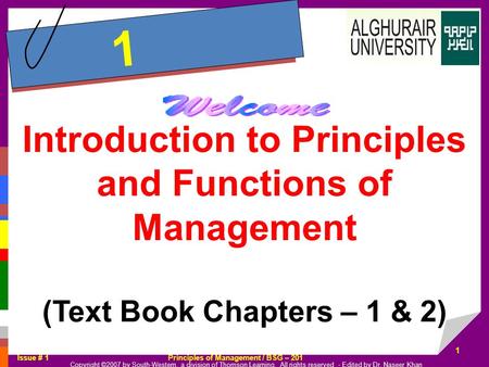 1 Introduction to Principles and Functions of Management (Text Book Chapters – 1 & 2)