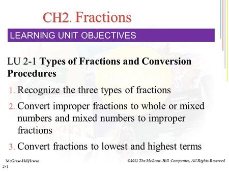 2-1 CH2 Fractions CH2. Fractions LU 2-1 LU 2-1 Types of Fractions and Conversion Procedures McGraw-Hill/Irwin ©2011 The McGraw-Hill Companies, All Rights.