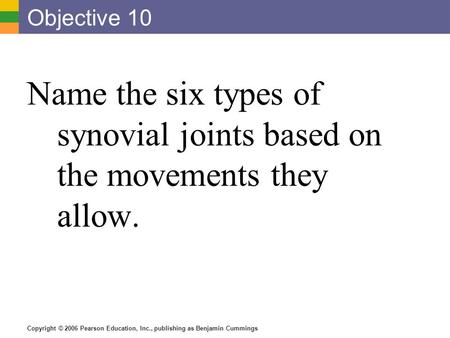 Copyright © 2006 Pearson Education, Inc., publishing as Benjamin Cummings Objective 10 Name the six types of synovial joints based on the movements they.