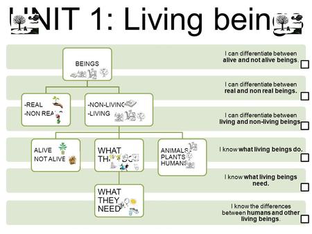 UNIT 1: Living beings I know the differences between humans and other living beings. I know what living beings need. I know what living beings do. I can.