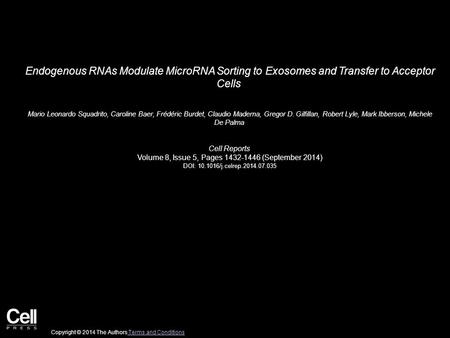 Endogenous RNAs Modulate MicroRNA Sorting to Exosomes and Transfer to Acceptor Cells Mario Leonardo Squadrito, Caroline Baer, Frédéric Burdet, Claudio.