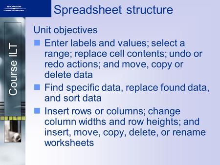 Course ILT Spreadsheet structure Unit objectives Enter labels and values; select a range; replace cell contents; undo or redo actions; and move, copy or.