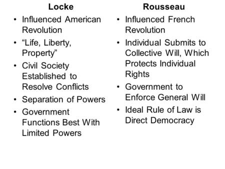 Locke Influenced American Revolution “Life, Liberty, Property” Civil Society Established to Resolve Conflicts Separation of Powers Government Functions.