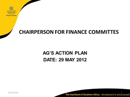 22/10/20151 CHAIRPERSON FOR FINANCE COMMITTES AG’S ACTION PLAN DATE: 29 MAY 2012.