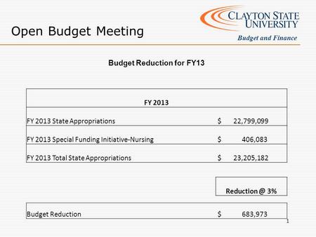 Open Budget Meeting Budget and Finance Budget Reduction for FY13 FY 2013 FY 2013 State Appropriations $ 22,799,099 FY 2013 Special Funding Initiative-Nursing.