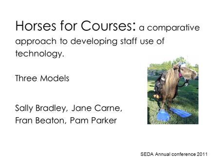 Horses for Courses : a comparative approach to developing staff use of technology. Three Models Sally Bradley, Jane Carne, Fran Beaton, Pam Parker SEDA.