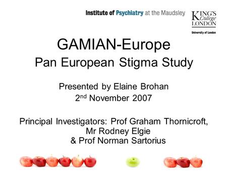 GAMIAN-Europe Pan European Stigma Study Presented by Elaine Brohan 2 nd November 2007 Principal Investigators: Prof Graham Thornicroft, Mr Rodney Elgie.