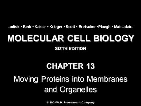 MOLECULAR CELL BIOLOGY SIXTH EDITION MOLECULAR CELL BIOLOGY SIXTH EDITION Copyright 2008 © W. H. Freeman and Company CHAPTER 13 Moving Proteins into Membranes.