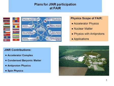 1 Plans for JINR participation at FAIR JINR Contributions: ● Accelerator Complex ● Condensed Baryonic Matter ● Antiproton Physics ● Spin Physics Physics.