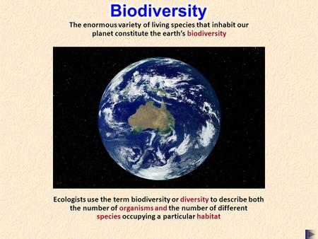 Ecologists use the term biodiversity or diversity to describe both the number of organisms and the number of different species occupying a particular habitat.