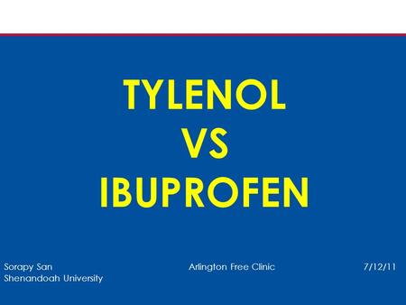 TYLENOL VS IBUPROFEN Sorapy San Arlington Free Clinic 7/12/11 Shenandoah University.