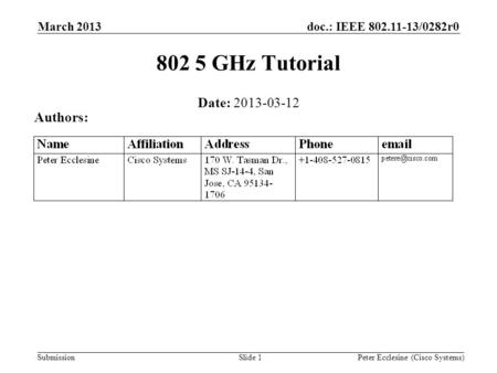 Submission doc.: IEEE 802.11-13/0282r0 Slide 1 802 5 GHz Tutorial Date: 2013-03-12 Authors: Peter Ecclesine (Cisco Systems) March 2013.