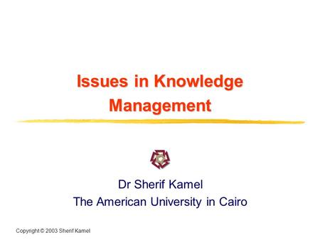 Copyright © 2003 Sherif Kamel Issues in Knowledge Management Dr Sherif Kamel The American University in Cairo.
