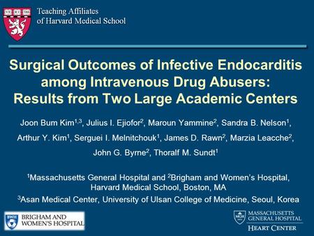 Surgical Outcomes of Infective Endocarditis among Intravenous Drug Abusers: Results from Two Large Academic Centers Joon Bum Kim 1,3, Julius I. Ejiofor.