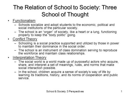 School & Society: 3 Perspectives1 The Relation of School to Society: Three School of Thought Functionalism –Schools socialize and adopt students to the.