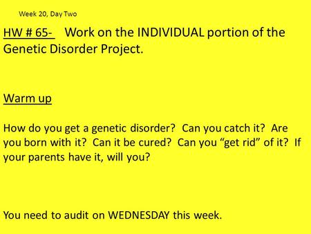 HW # 65- Work on the INDIVIDUAL portion of the Genetic Disorder Project. Warm up How do you get a genetic disorder? Can you catch it? Are you born with.