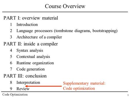 Code Optimization 1 Course Overview PART I: overview material 1Introduction 2Language processors (tombstone diagrams, bootstrapping) 3Architecture of a.