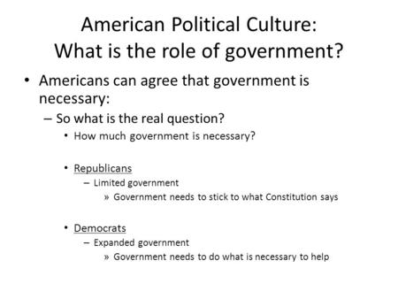 American Political Culture: What is the role of government? Americans can agree that government is necessary: – So what is the real question? How much.
