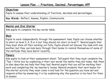 Lesson Plan - Fractions, Decimal, Percentages APP
