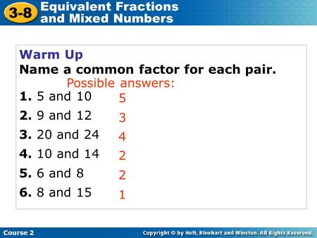 3-8 Equivalent Fractions and Mixed Numbers Warm Up