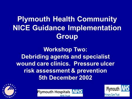 Plymouth Health Community NICE Guidance Implementation Group Workshop Two: Debriding agents and specialist wound care clinics. Pressure ulcer risk assessment.