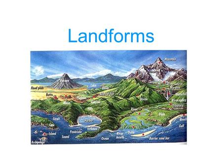 Landforms. A landform is a natural feature of the earth’s surface. Mountains, hills, valleys, plains, and plateaus are all examples of landforms.