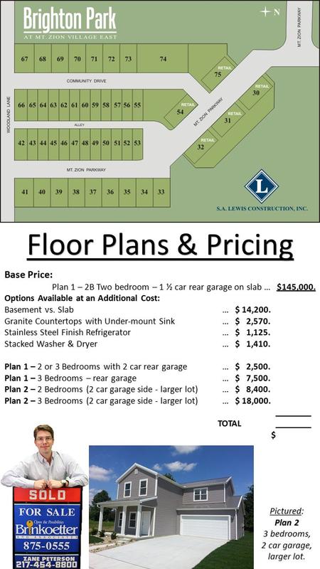 Floor Plans & Pricing Base Price: Plan 1 – 2B Two bedroom – 1 ½ car rear garage on slab … $145,000. Options Available at an Additional Cost: Basement vs.