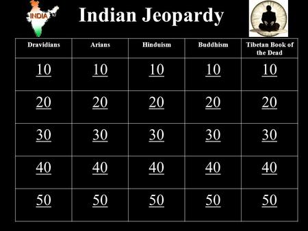 Indian Jeopardy DravidiansAriansHinduismBuddhismTibetan Book of the Dead 10 20 30 40 50.