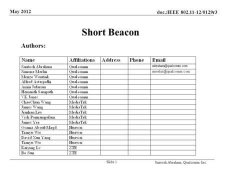 Doc.:IEEE 802.11-12/0129r3 May 2012 Santosh Abraham, Qualcomm Inc. Short Beacon Slide 1 Authors: