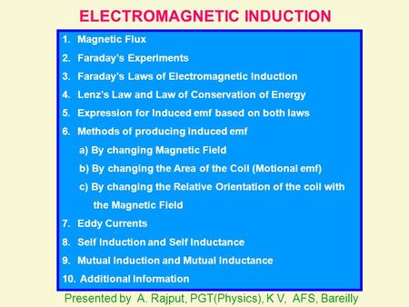 ELECTROMAGNETIC INDUCTION 1.Magnetic Flux 2.Faraday’s Experiments 3.Faraday’s Laws of Electromagnetic Induction 4.Lenz’s Law and Law of Conservation of.